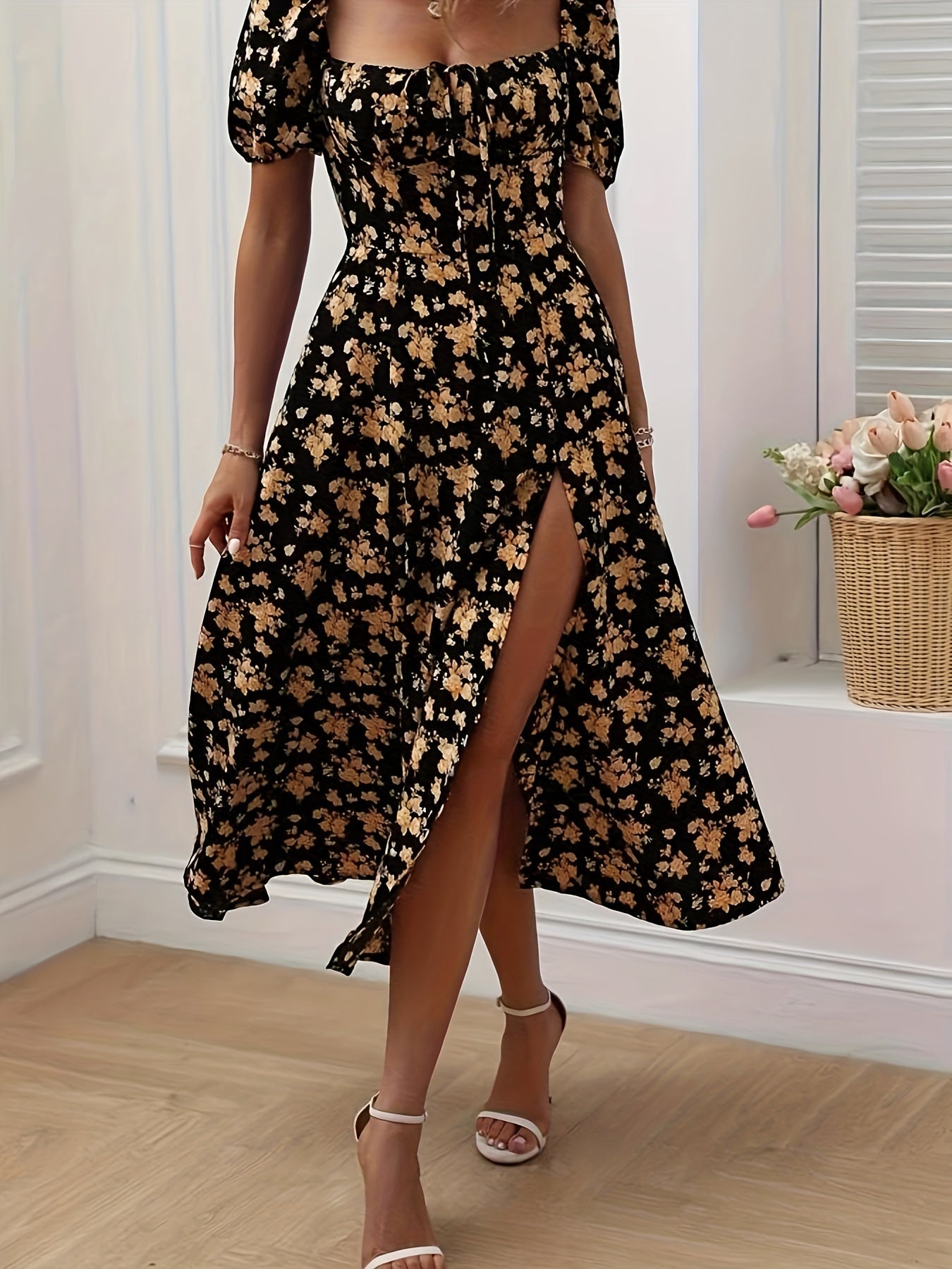 Harper | Floral Print Puff Sleeve A-Line Dress