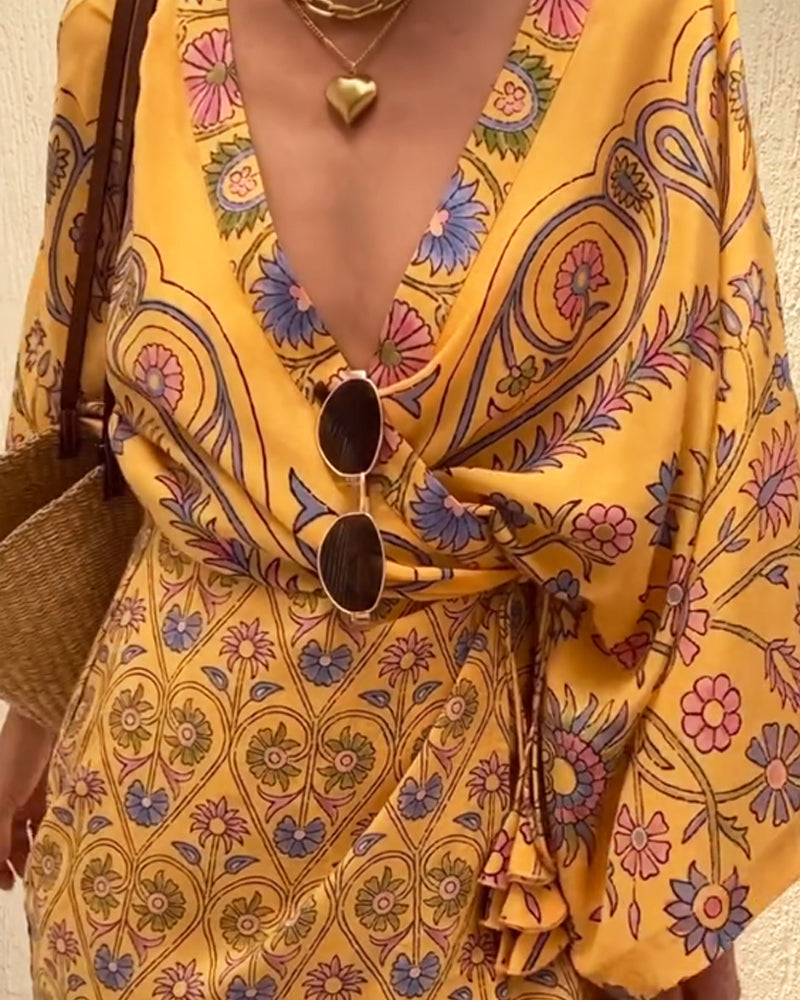 Vacation V-neck Printed Dress - Yellow