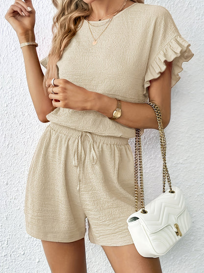 Lila | Ruffle Crew Neck Top & Shorts Set - Apricot