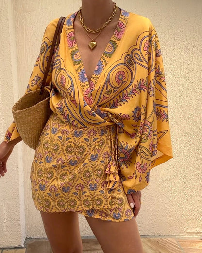 Vacation V-neck Printed Dress - Yellow