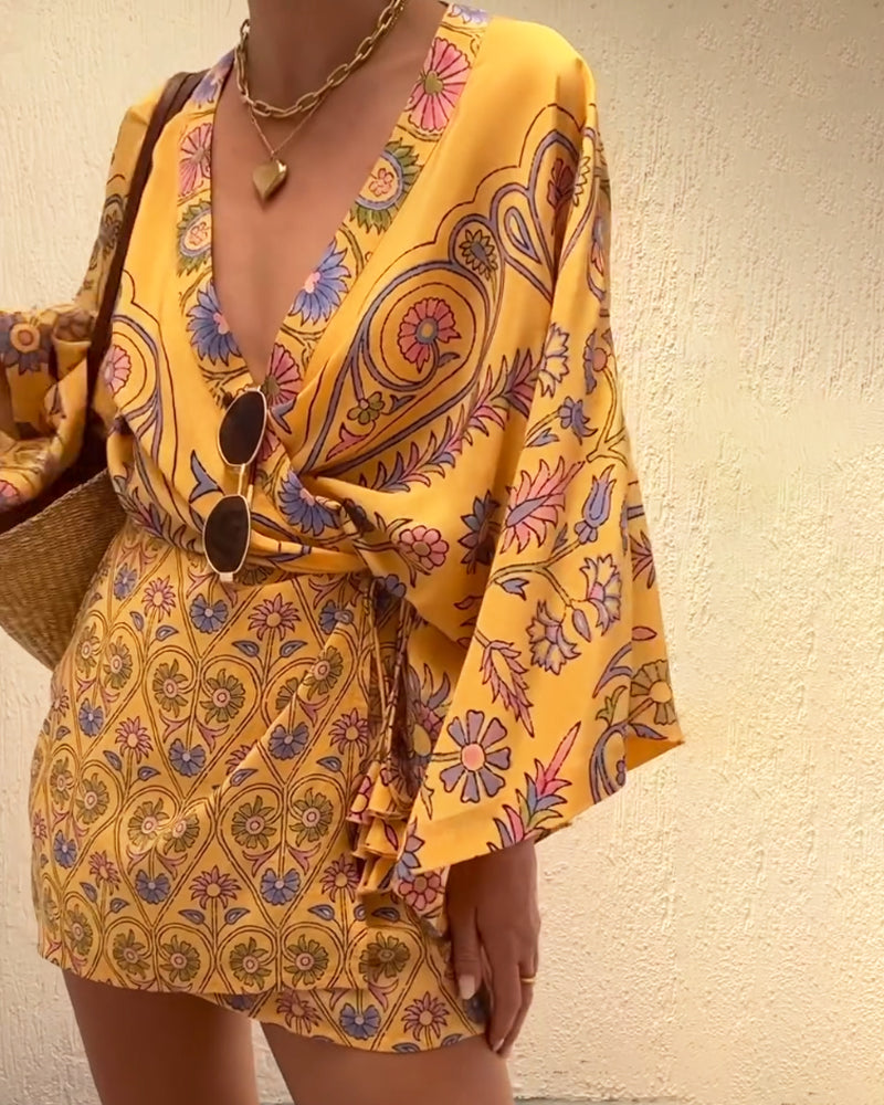 Vacation V-neck Printed Dress - Yellow