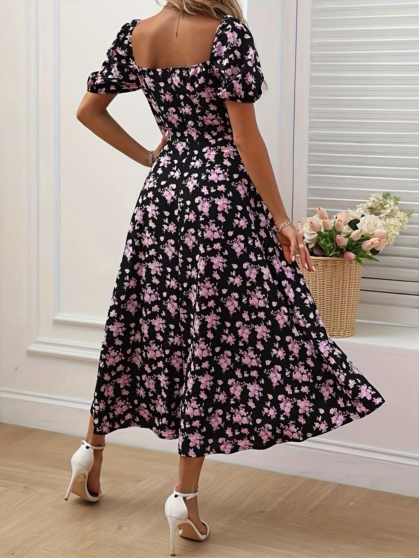 Harper | Floral Print Puff Sleeve A-Line Dress