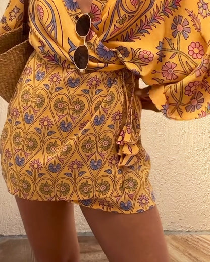 Vacation V-neck Printed Dress - Yellow